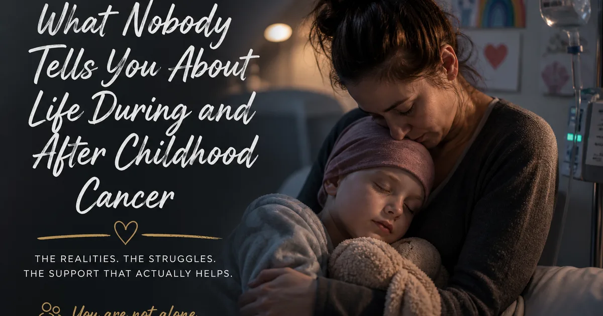 Parent holding a sleeping child in a hospital room, conveying the emotional weight and quiet resilience of families facing childhood cancer.