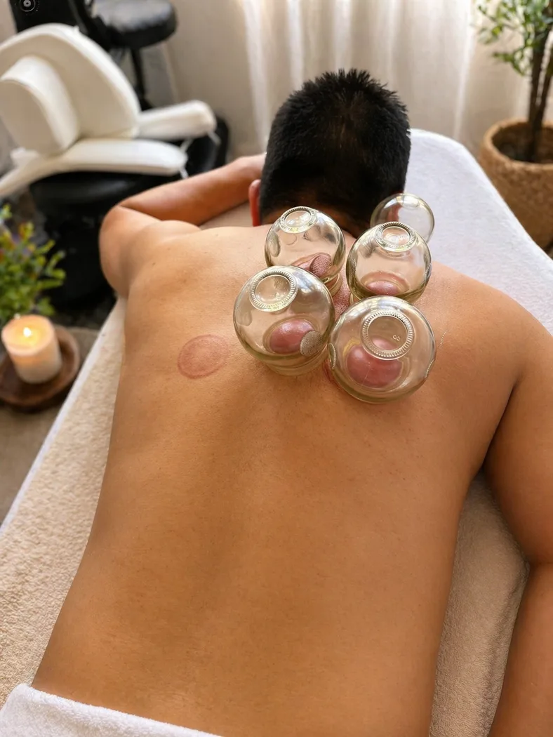 Cupping therapy session at Vida Sana Spa in Columbia, South Carolina.
